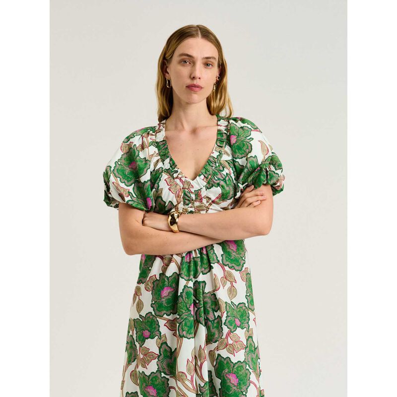 Veronika Maine Ivory Batik Bloom Gathered V Neck Dress image number 3